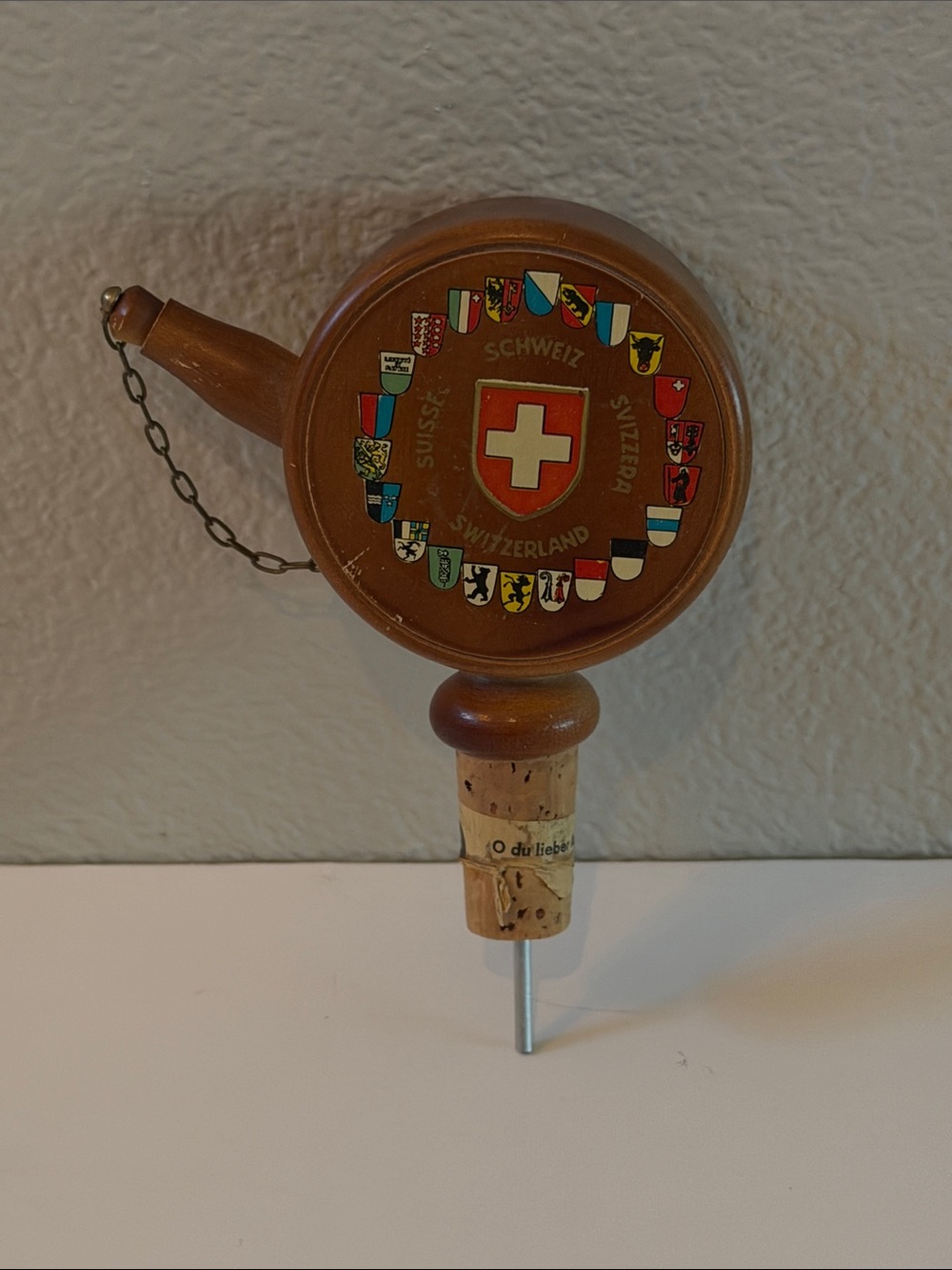 Vintage Musical Swiss Crest Wooden Wine or Spirits Bottle Pourer Cork Stopper